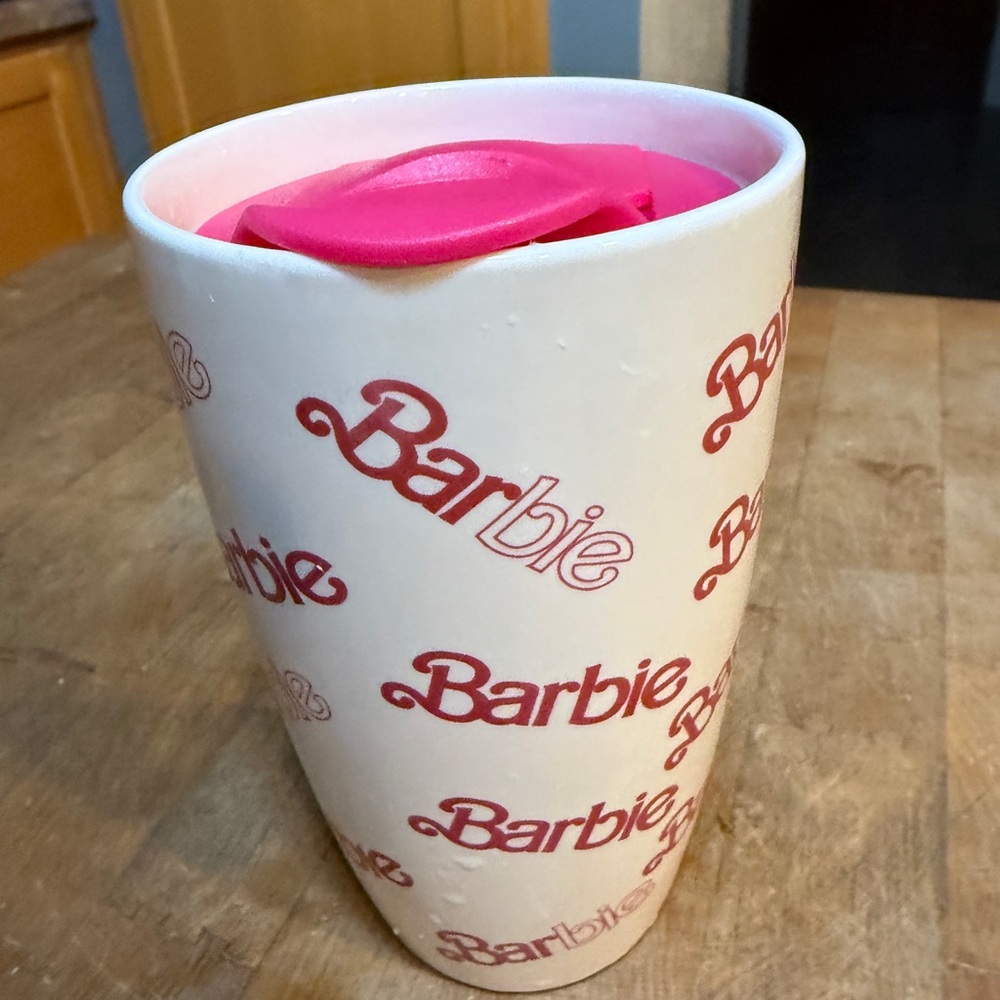 Ceramic Barbie Mug with Pink Lid Pink and White Travel Coffee Cup - Picture 4 of 16